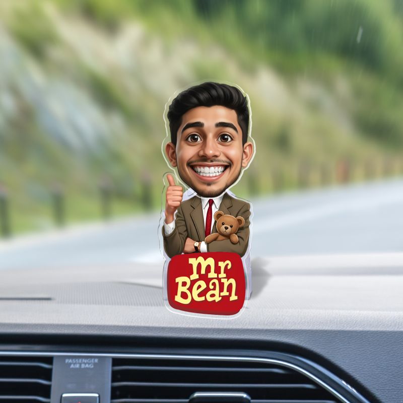 Personalized Mr Bean Theme Funny Face Cutout Caricature with Shaking Head Features Funny Birthday Gift for Boys & Friends Battery Powered Moving Head Idol for Car Dashboard & Tabletop